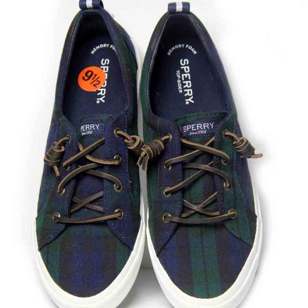 Sperry Top Siders Slip On Deck Shoes Black Watch Plaid Canvas Women's Size 9.5M